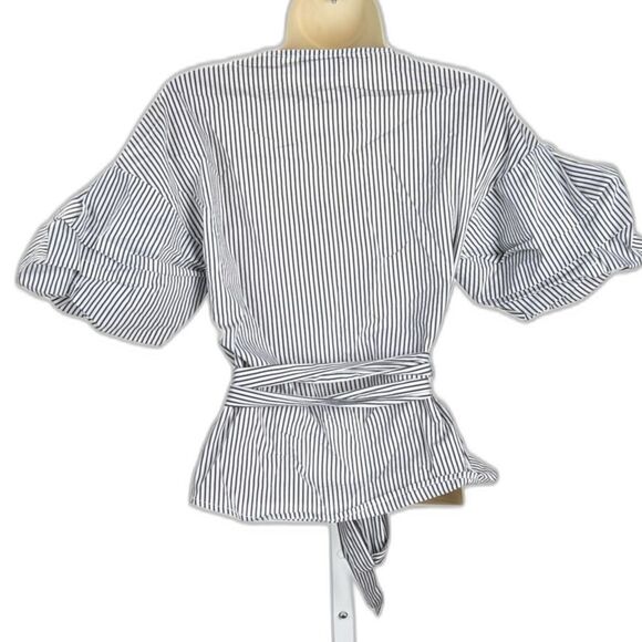 Bebe Black and White Striped Wrap Blouse Balloon Sleeve Size XS - Picture 2 of 5